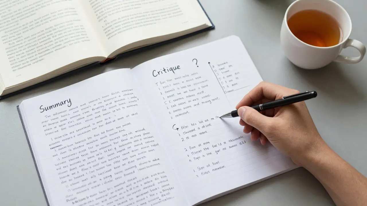 Handwritten notes showing a summary column next to an active critique column on a desk.