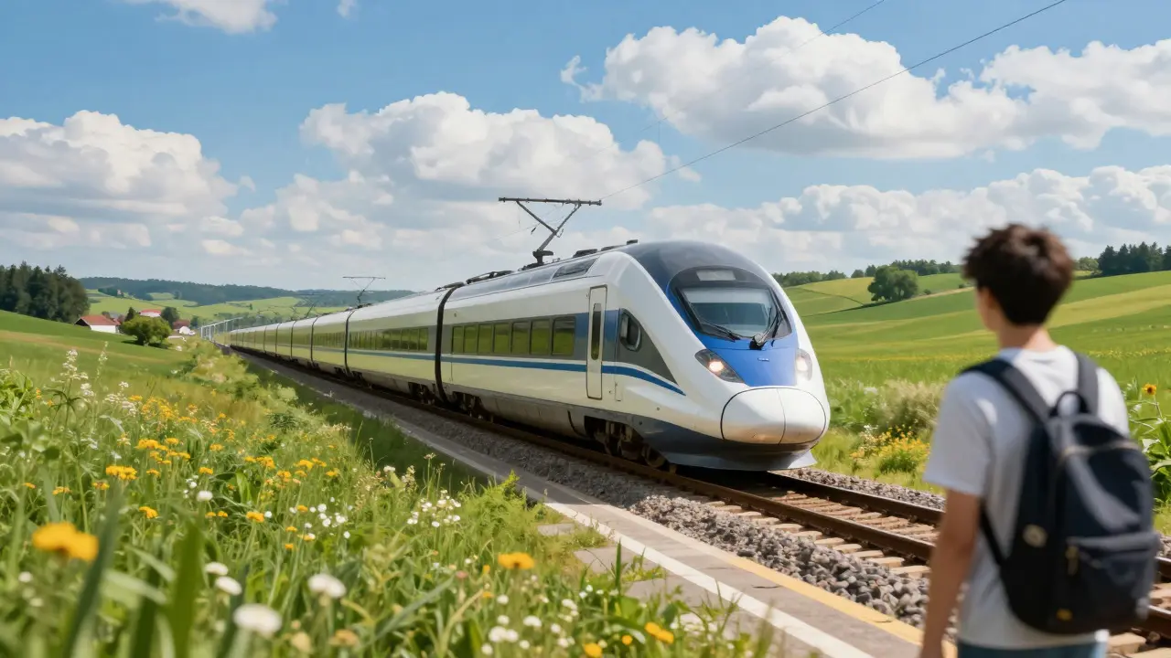 High-speed train traveling through European countryside