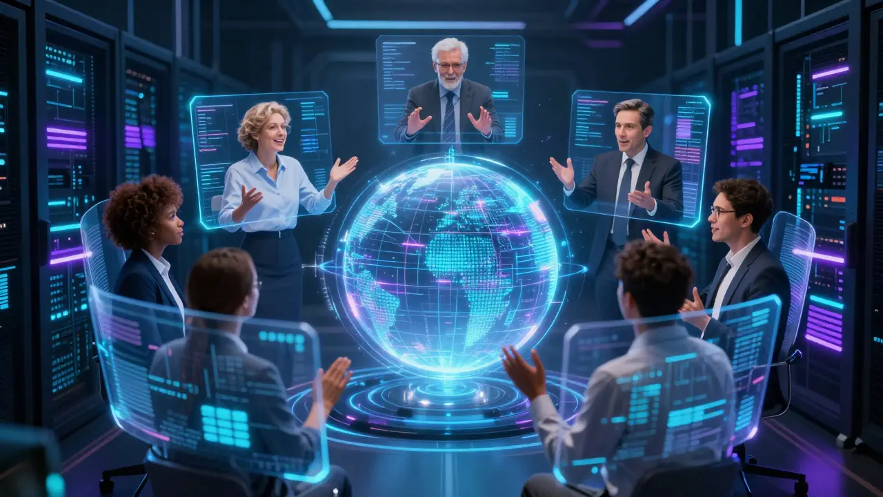 Holographic avatars of diverse professionals collaborating in a virtual digital space