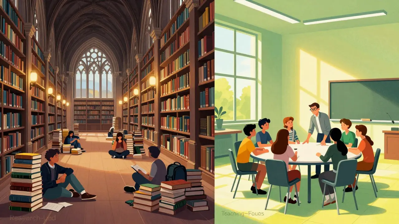 Illustration comparing a quiet library with a small, interactive seminar group