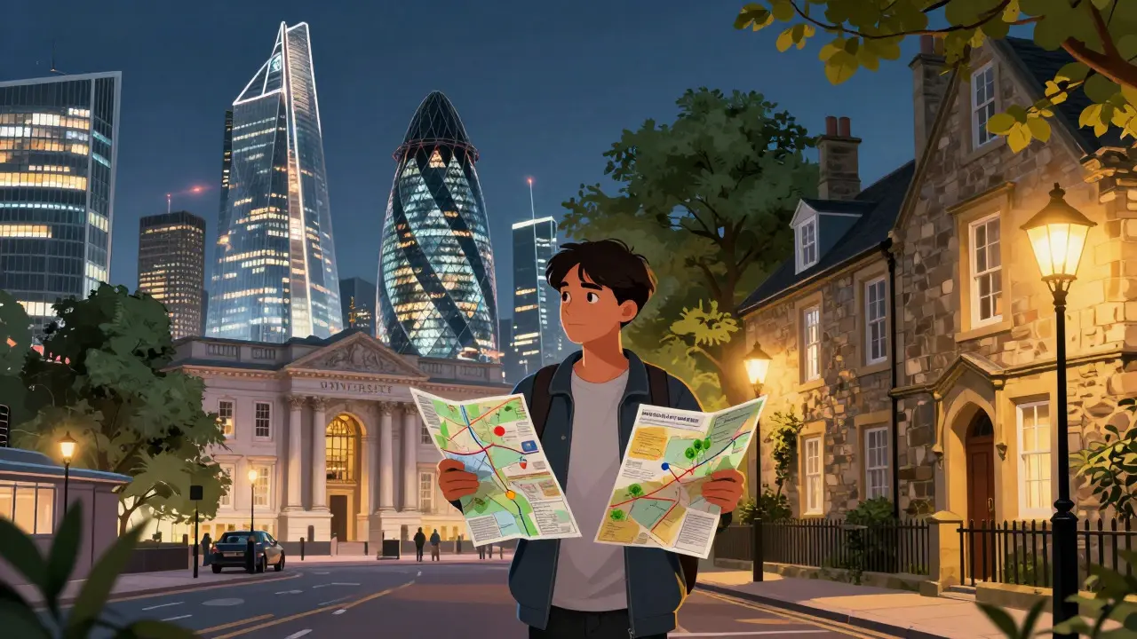 Illustration comparing expensive London universities with affordable northern colleges