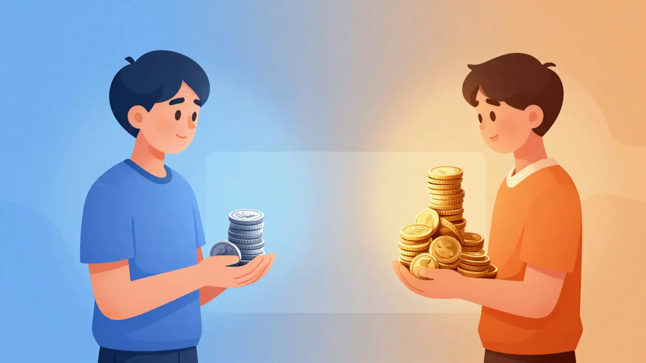 Illustration comparing small and large stacks of coins representing tuition fee differences