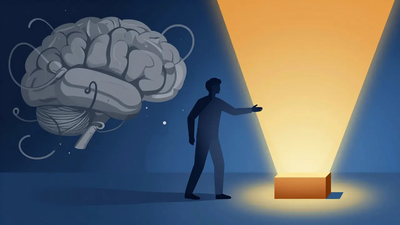 Illustration of a brain choosing a small positive step over chaotic stress