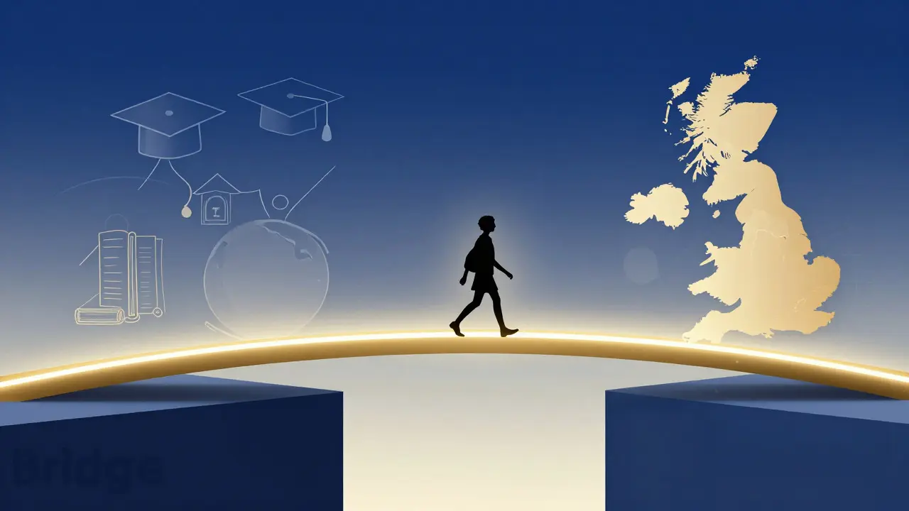 Illustration of a golden bridge connecting academia to the UK