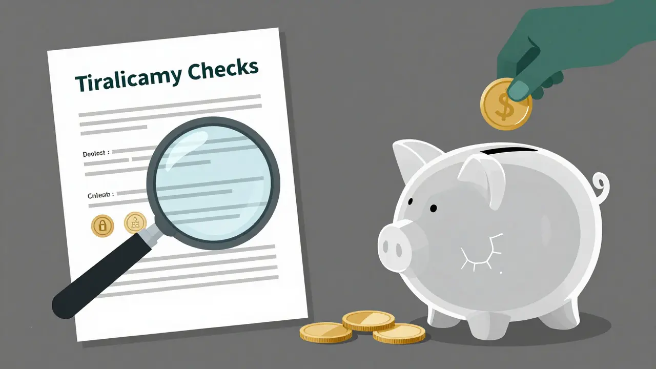 Illustration of a magnifying glass over a contract and a leaking piggy bank