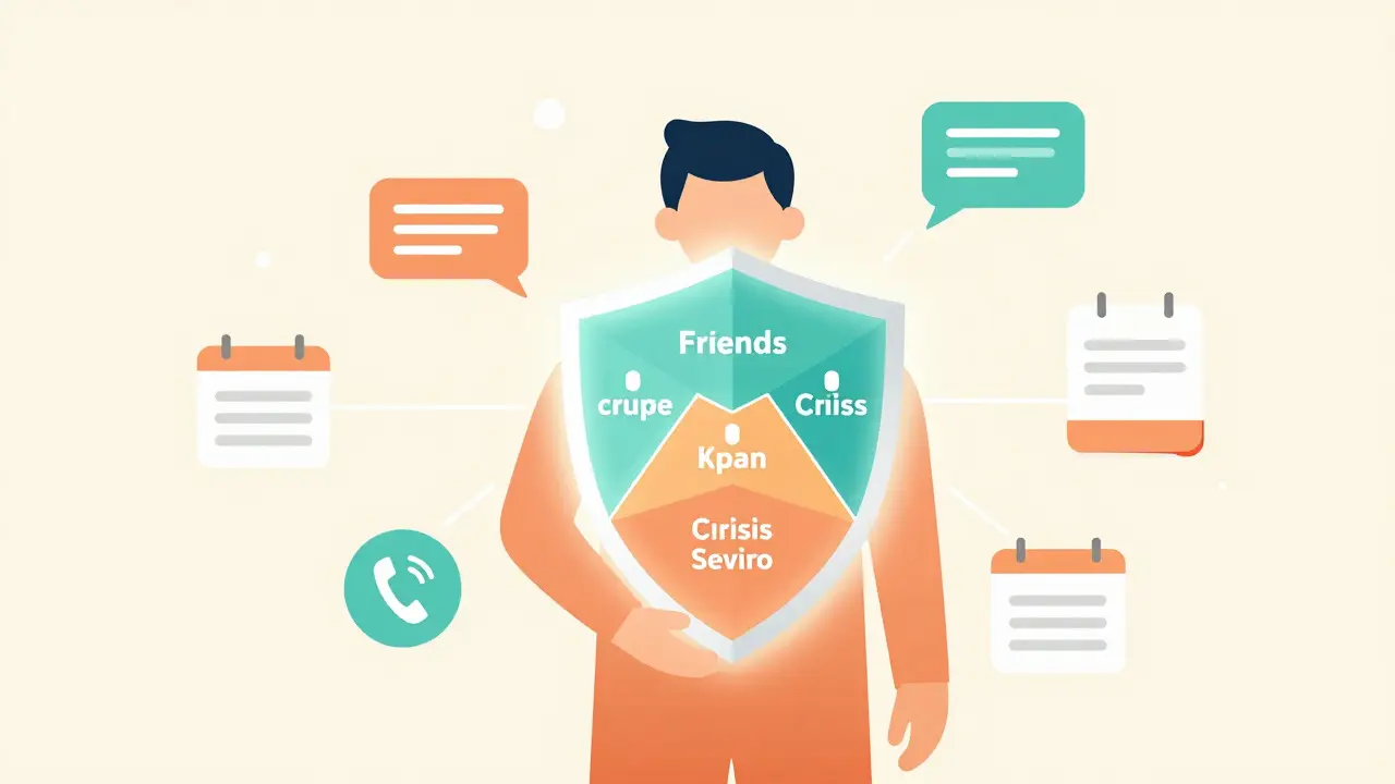 Illustration of a person protected by a layered shield representing a support network