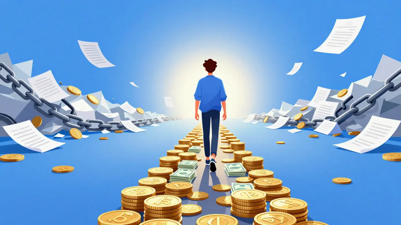 Illustration of a person walking a path of coins away from chaos