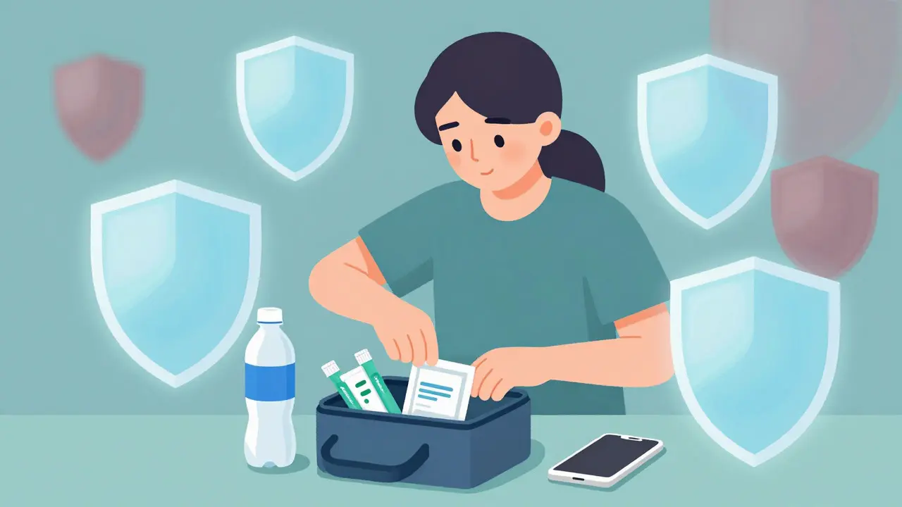 Illustration of a student preparing a safety kit with water and essentials