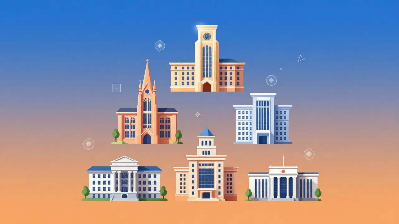 Illustration of five university buildings arranged in a tiered pyramid
