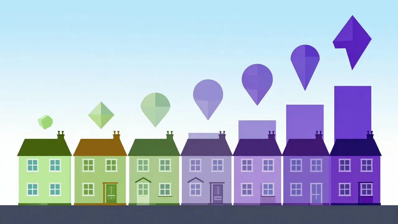 Illustration of houses of varying sizes representing different tax bands