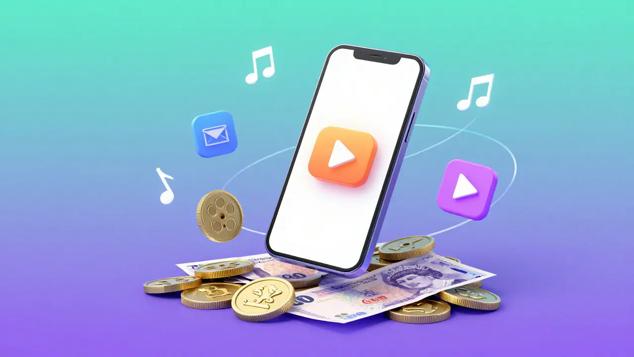 Illustration of smartphone surrounded by coins and media icons