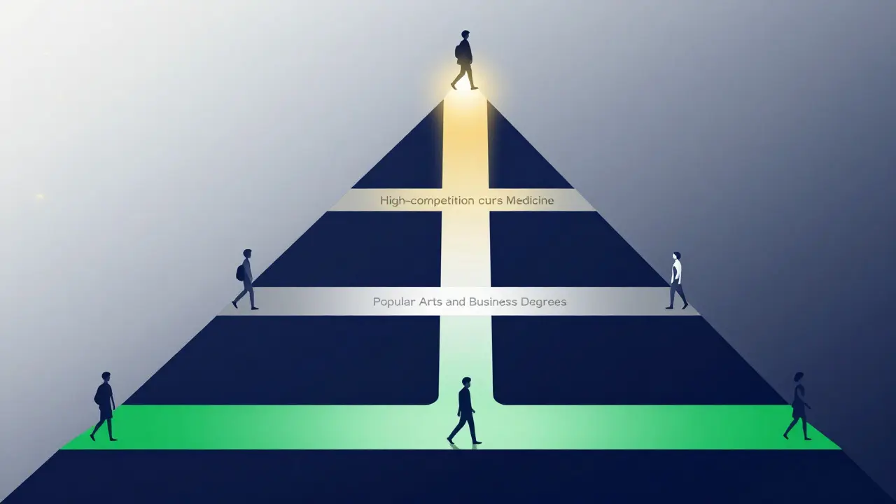 Illustration of three diverging academic pathways representing different degree tiers