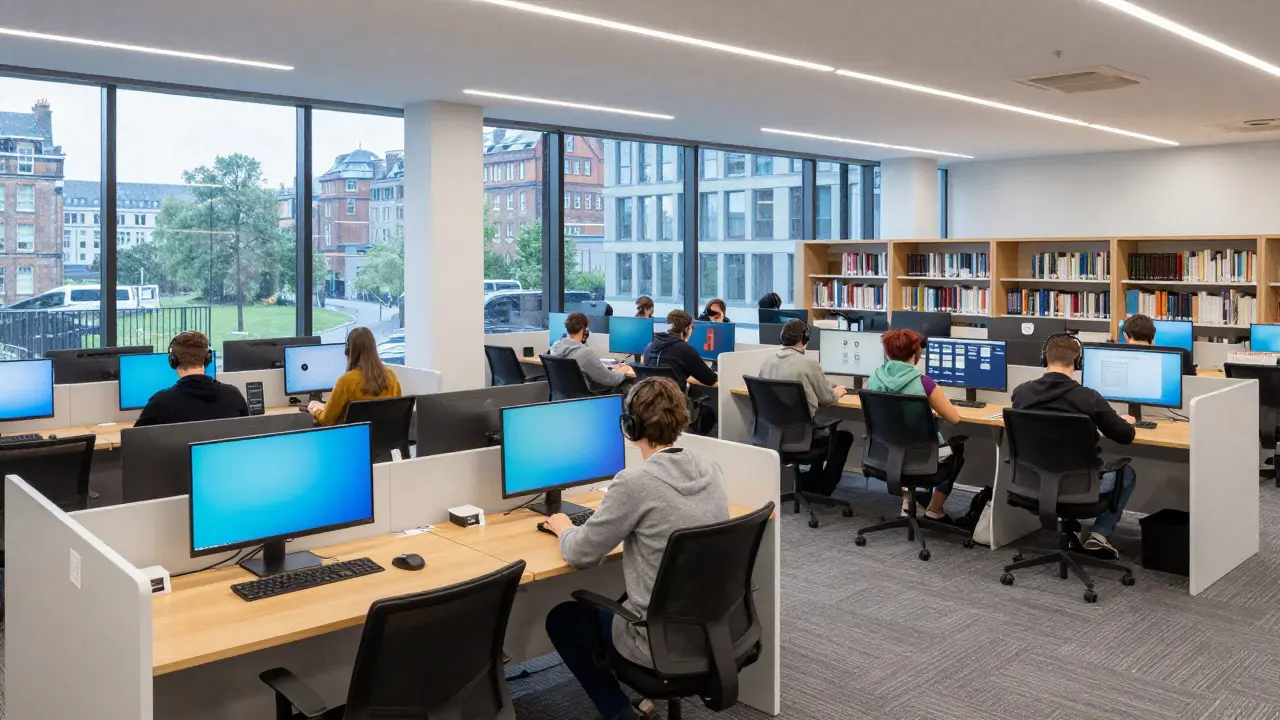 Interior of a bright, modern university library with students using computers and collaborating
