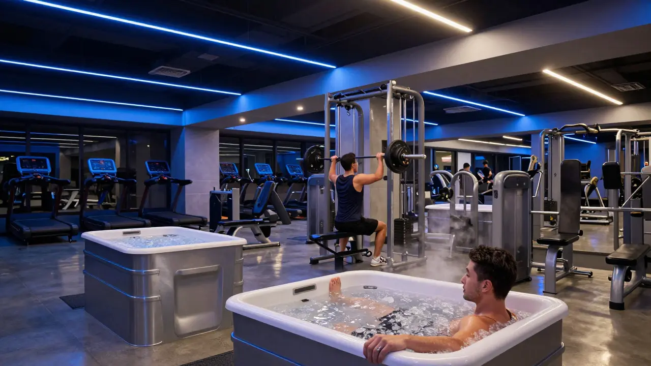 Interior view of a high-tech university gym with recovery facilities and modern equipment