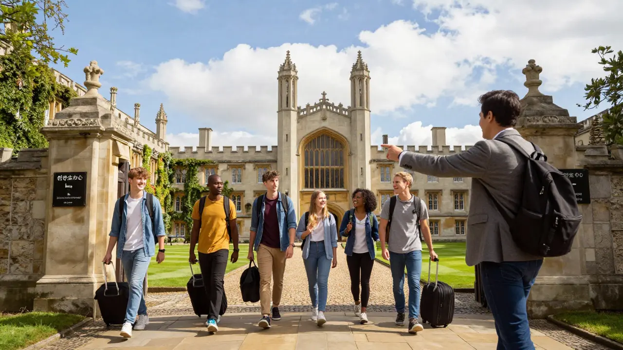 International students arriving at a UK university campus