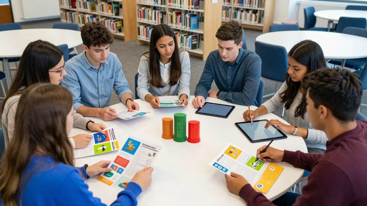 International students discussing university applications in a library