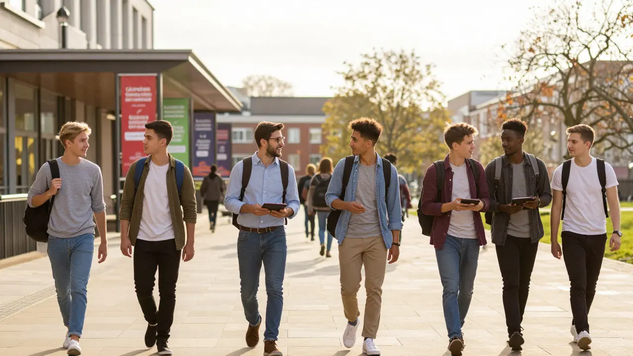 International students walking on a sunny university campus discussing careers