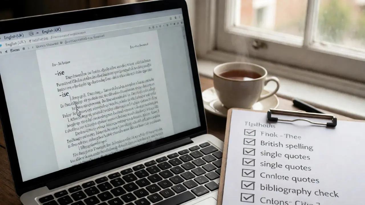 Laptop with UK spell-check settings and a completed editing checklist on a desk