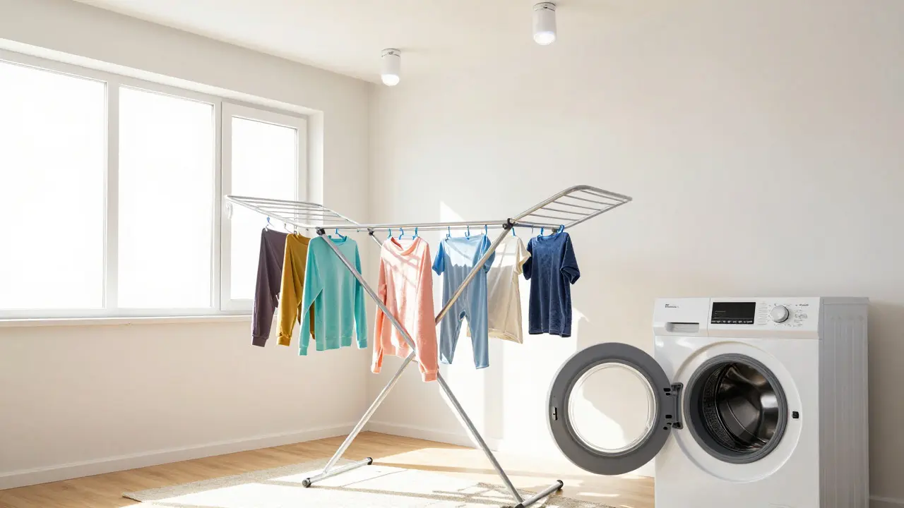 Laundry drying on a rack near a sunny window in a bright room
