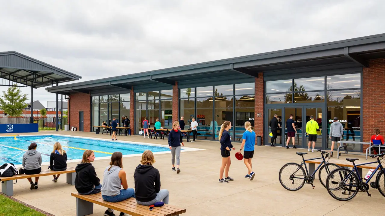 Lively university courtyard outside a sports center with students socializing and exercising