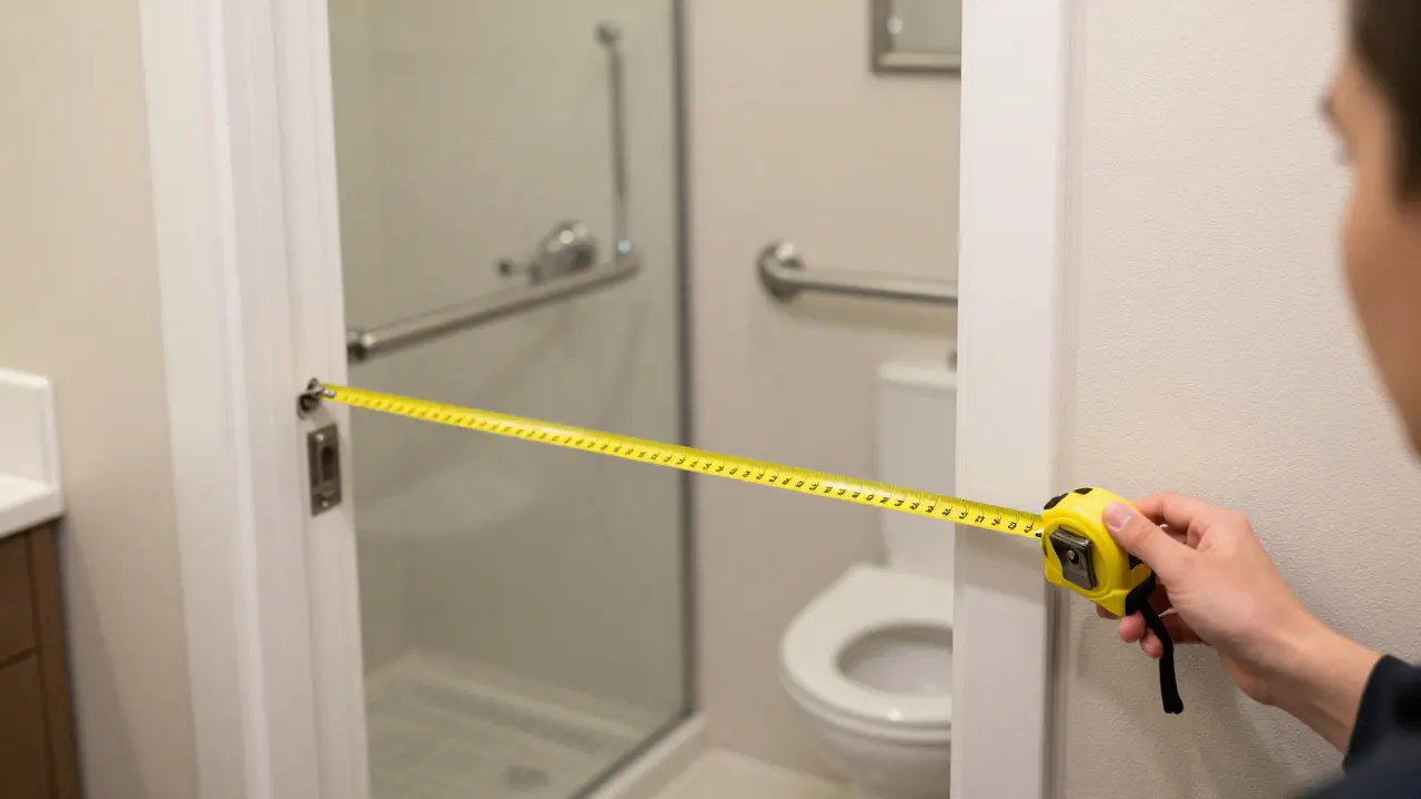 Measuring a doorway width with a tape measure during a property viewing