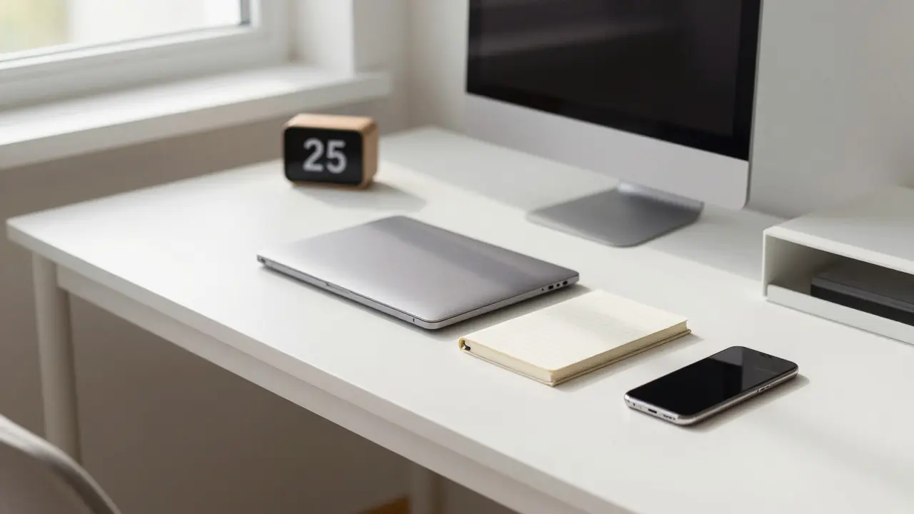 Minimalist desk setup with timer and no visible phone