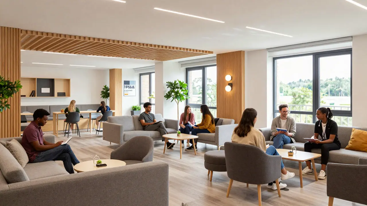 Modern communal lounge inside student accommodation building