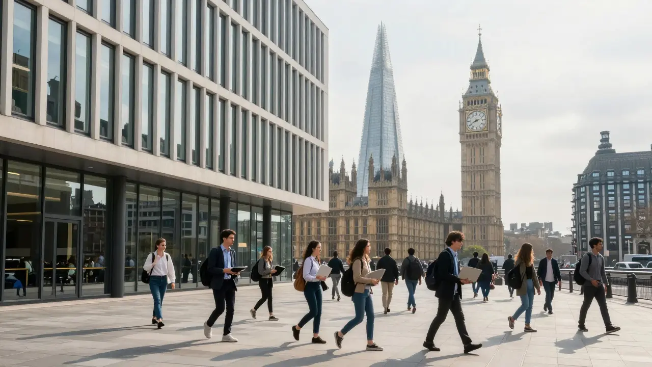 Modern university building reflecting busy London streets