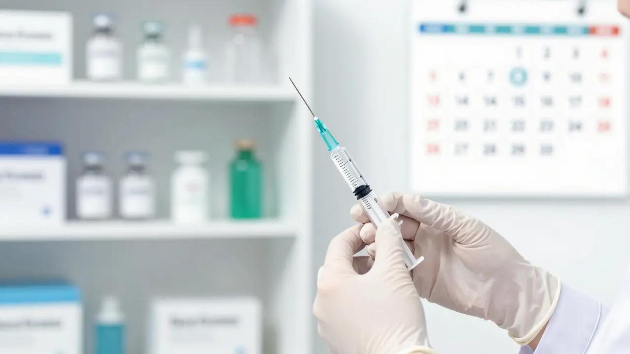 Nurse preparing a vaccine syringe in a clinic setting