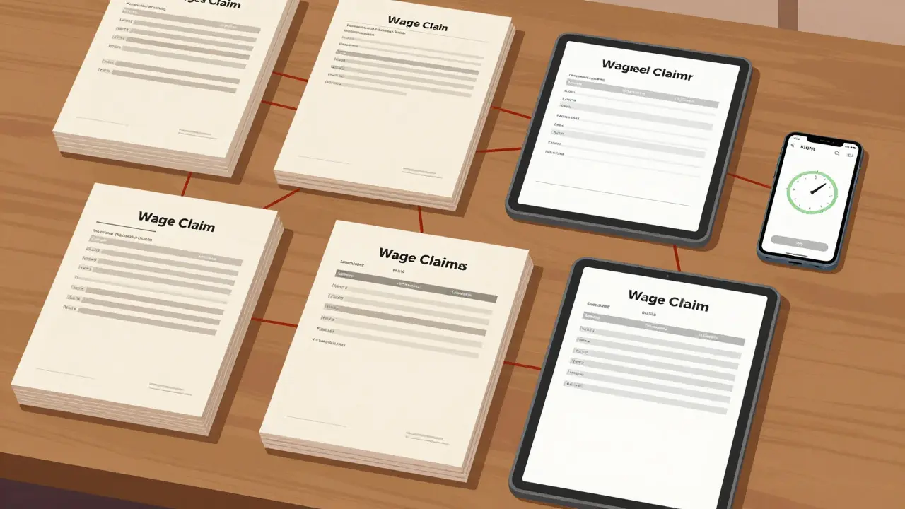 Organized desk with documents and devices used to track work hours and pay