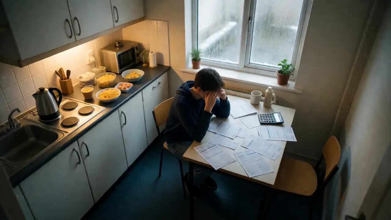 Person calculating bills at a kitchen table in a small rental flat.