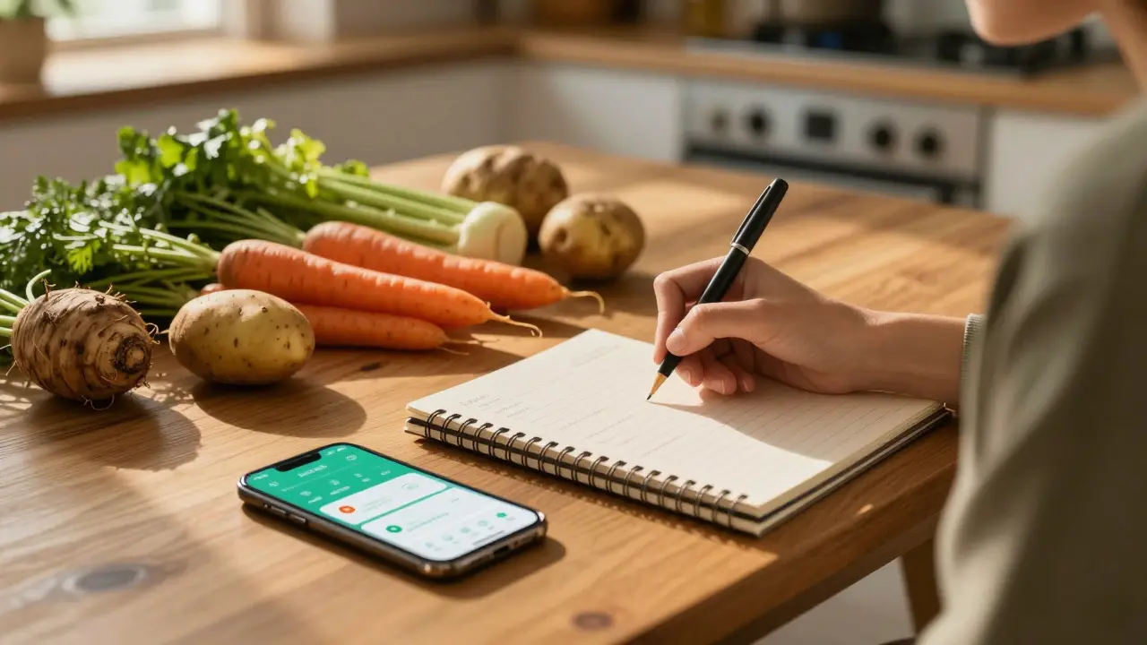 Person planning meals with seasonal vegetables in a kitchen