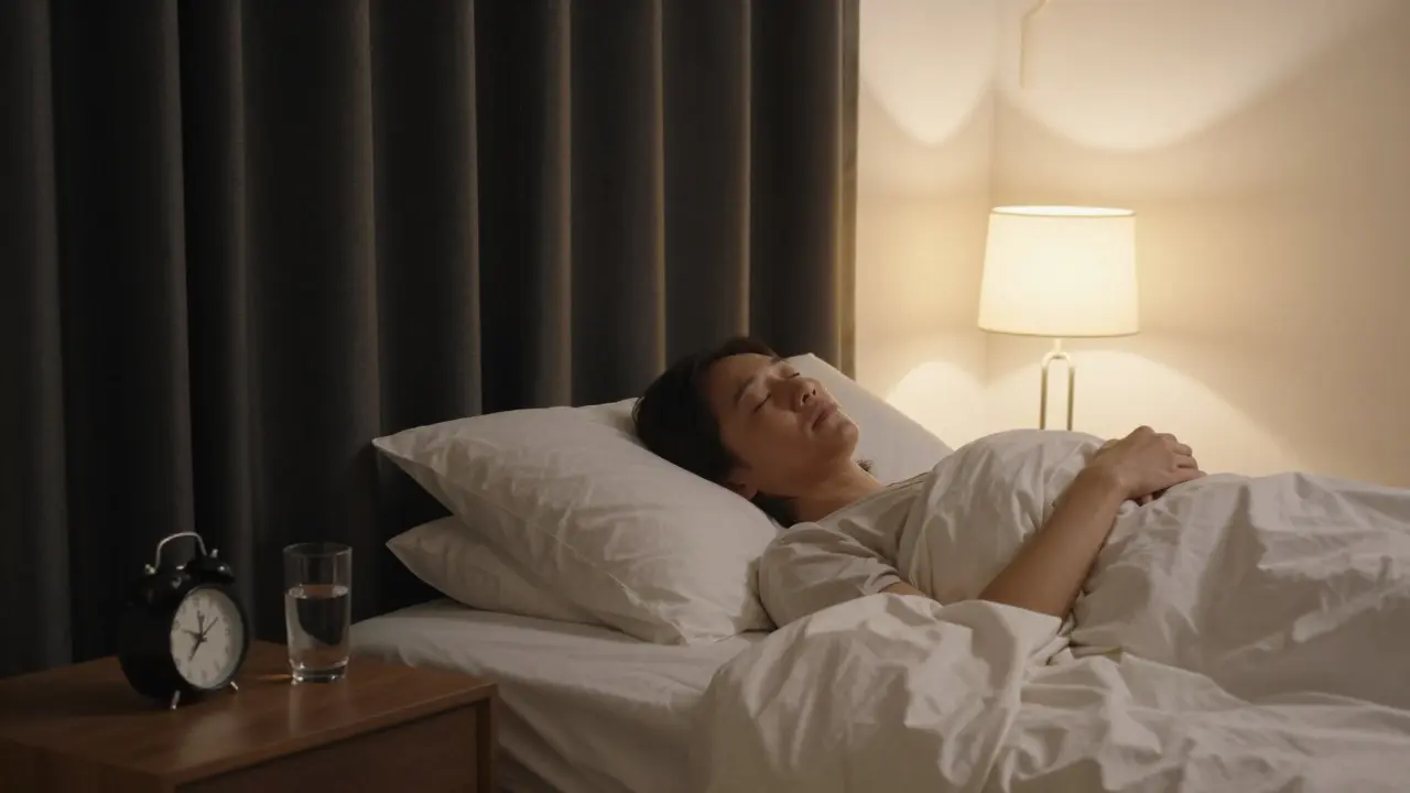 Person sleeping peacefully in a dark, quiet bedroom