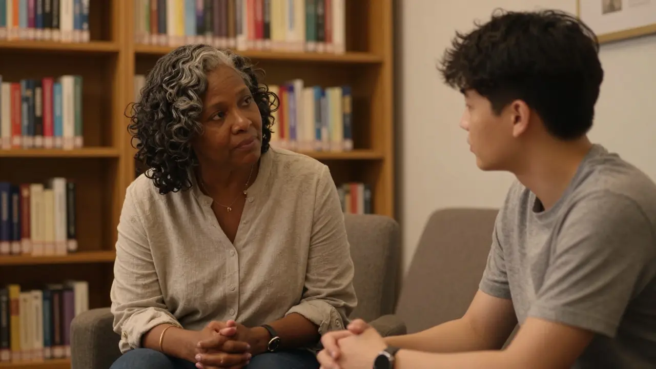 Professor mentoring a student in a quiet library setting