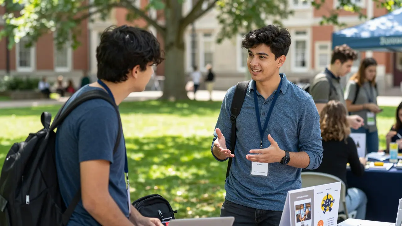 Prospective student having an informal chat with a course representative at a stall