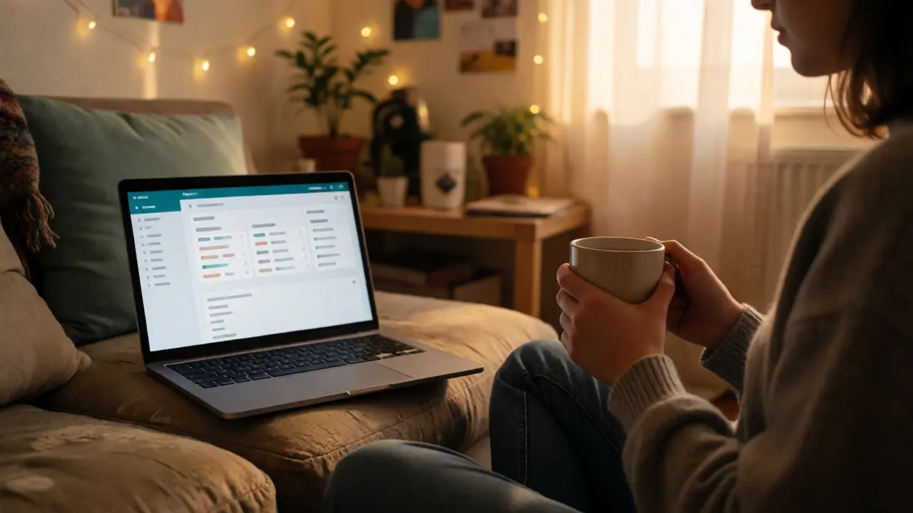 Relaxed individual drinking tea in a cozy, decorated student flat corner.