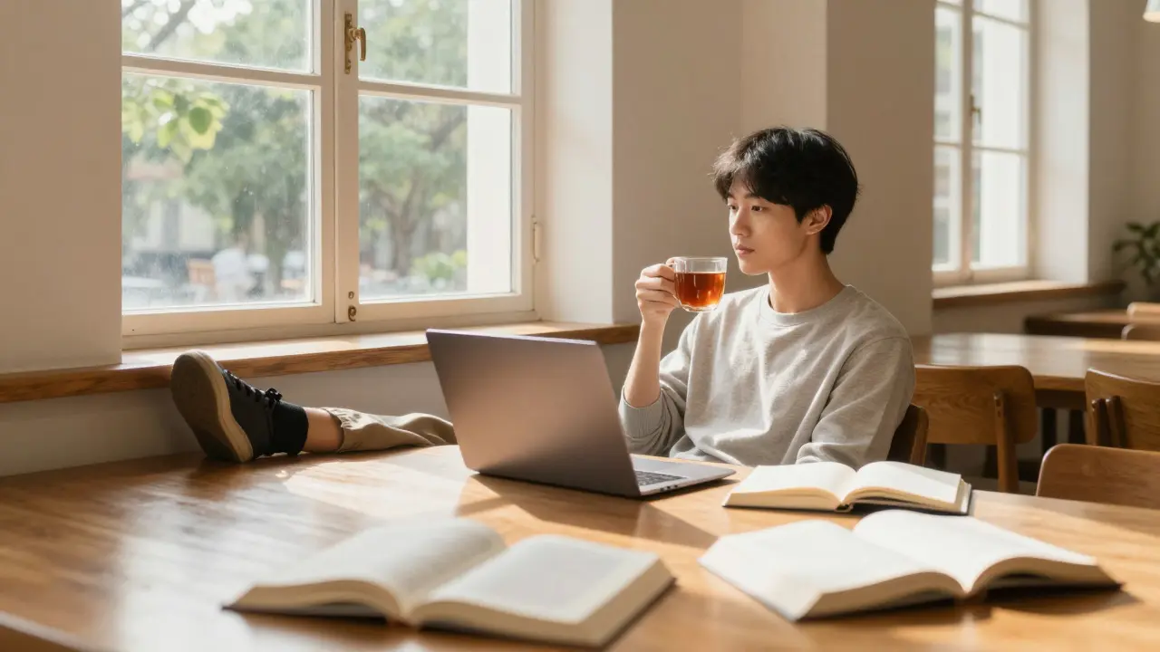 Relaxed student enjoying tea in a sunlit university library