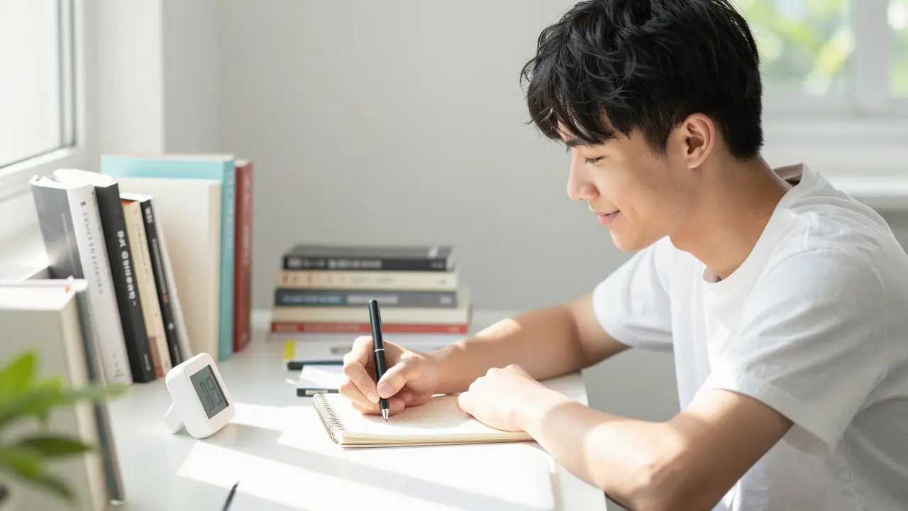 Relaxed student studying in a bright room with a timer, embodying balanced productivity