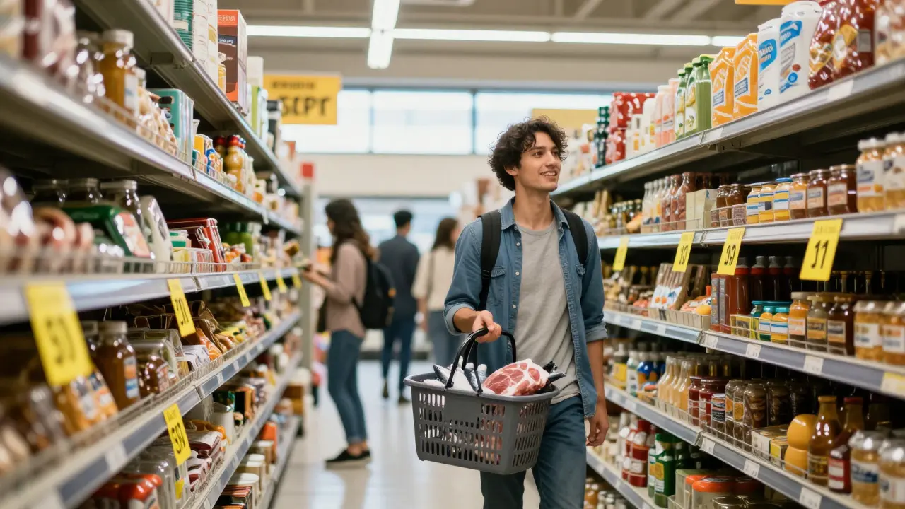 Shopper collecting discounted items from a reduction rack