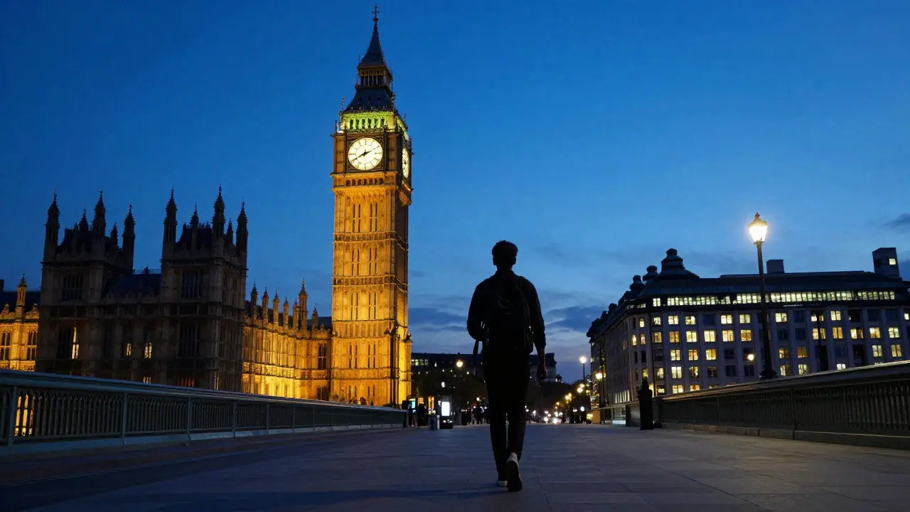 Silhouette of a student walking towards a city at dusk