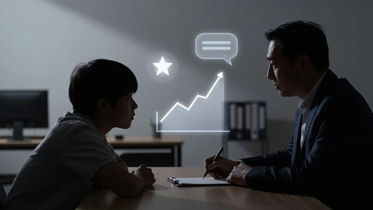 Silhouettes of a student and teacher discussing academic details in an office