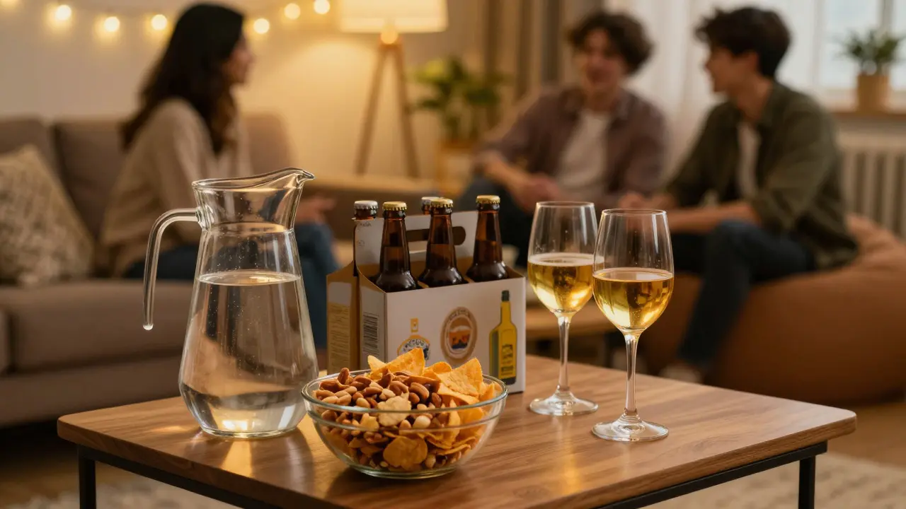 Simple drink and snack setup on a table with warm string lights in the background
