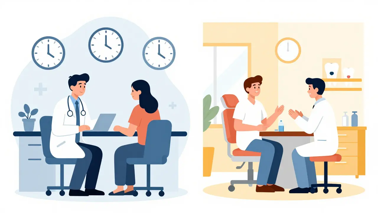 Split illustration comparing slow public clinic vs fast private care