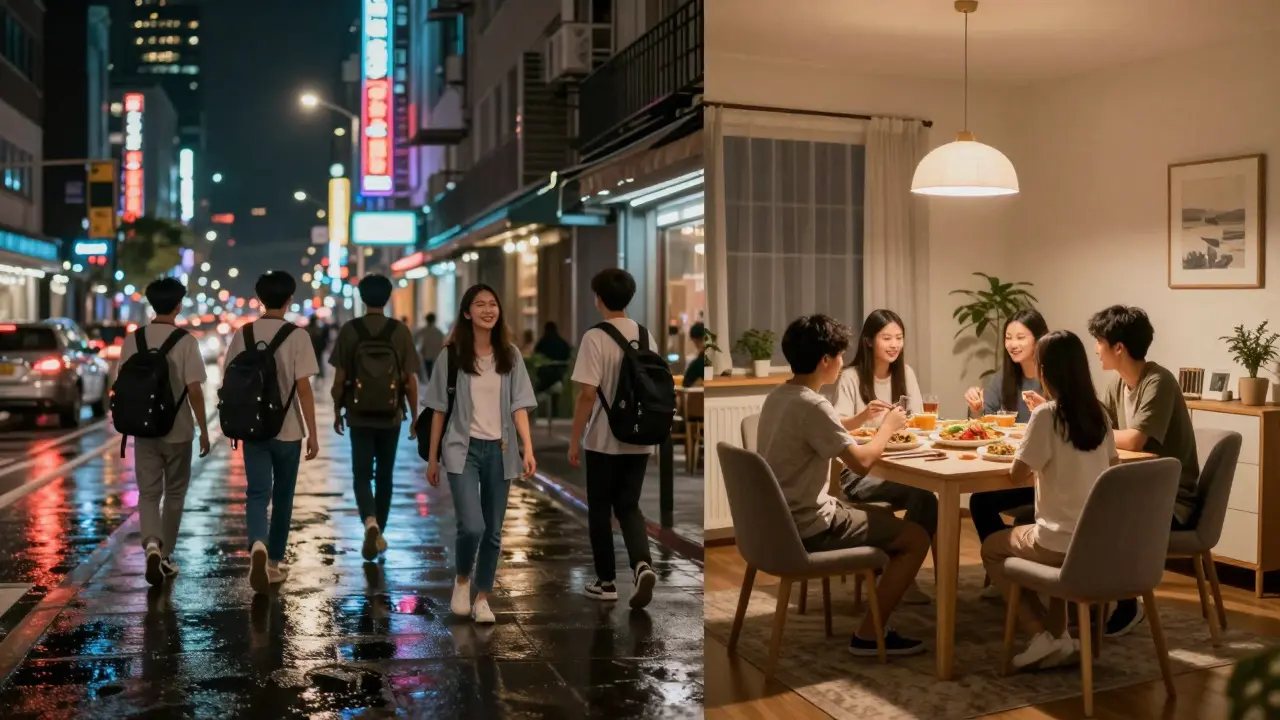 Split image comparing a city street at night with a family home interior