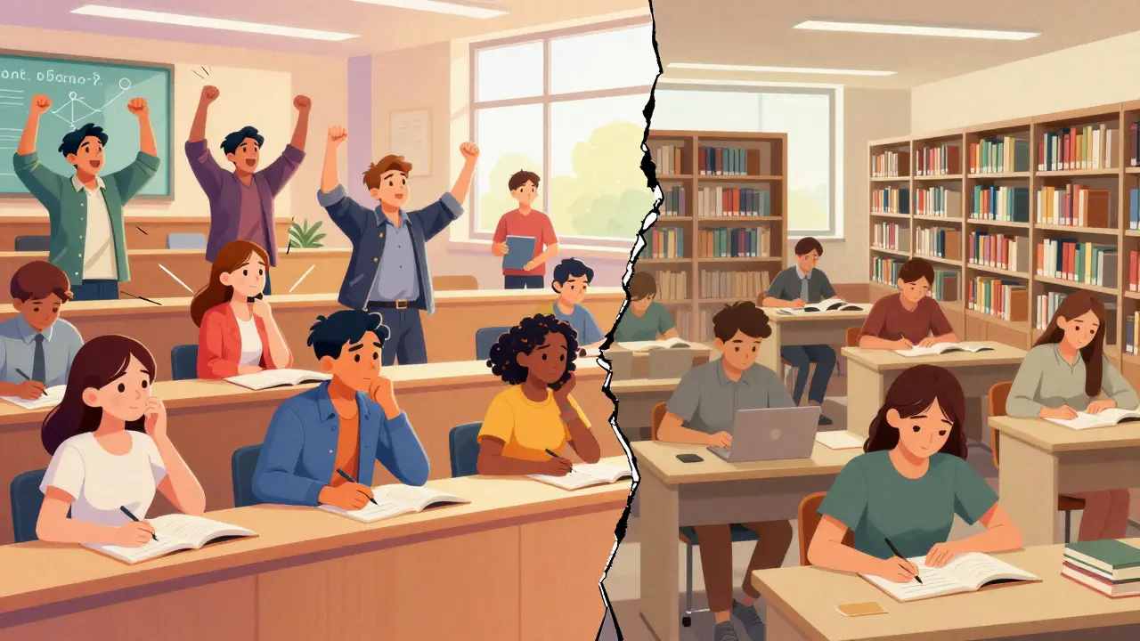 Split-screen art contrasting a chaotic debate scene with a calm library study area