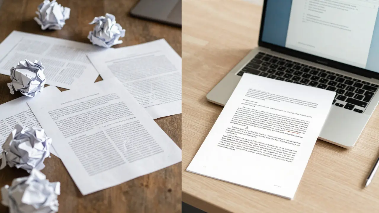 Split screen contrasting a messy desk with a neat, organized academic workspace