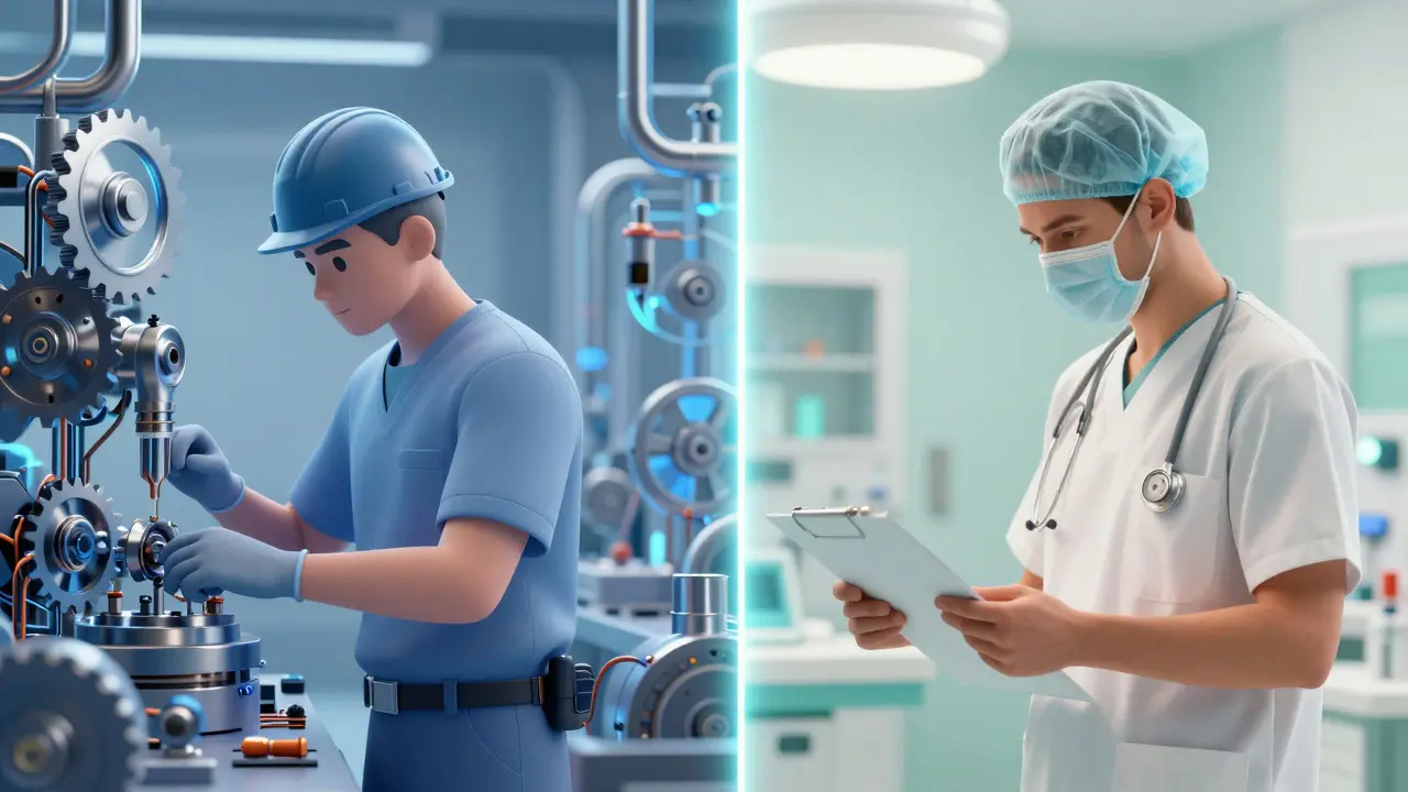 Split view contrasting an engineer at work with a medical professional