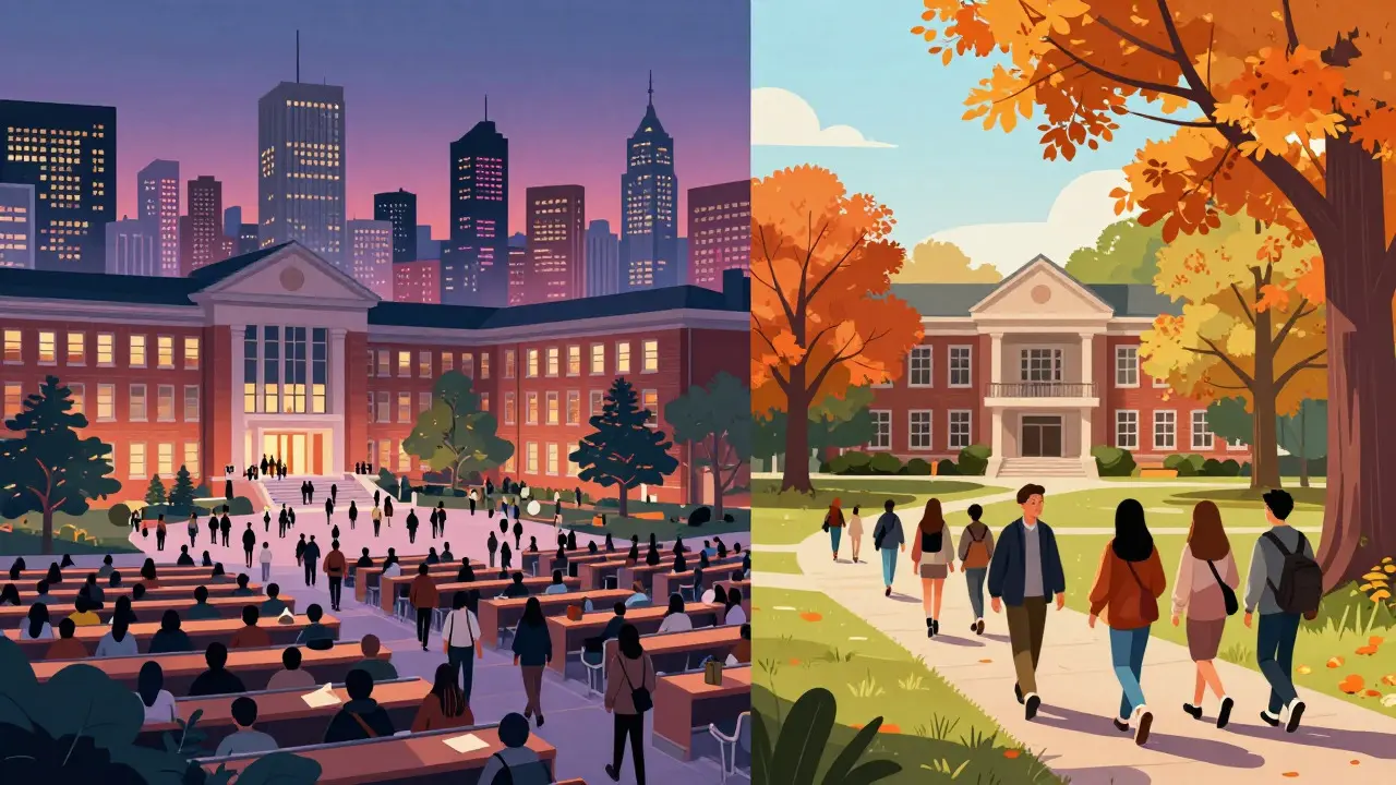 Split view of busy city campus vs quiet rural college