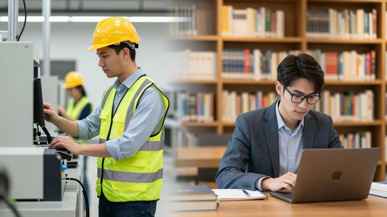 Split view showing a young person working in an industry and studying for a degree