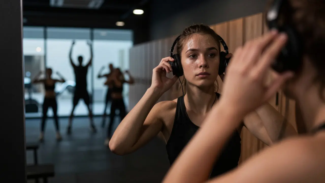 Student adjusting headphones in a gym mirror with a fitness class in background